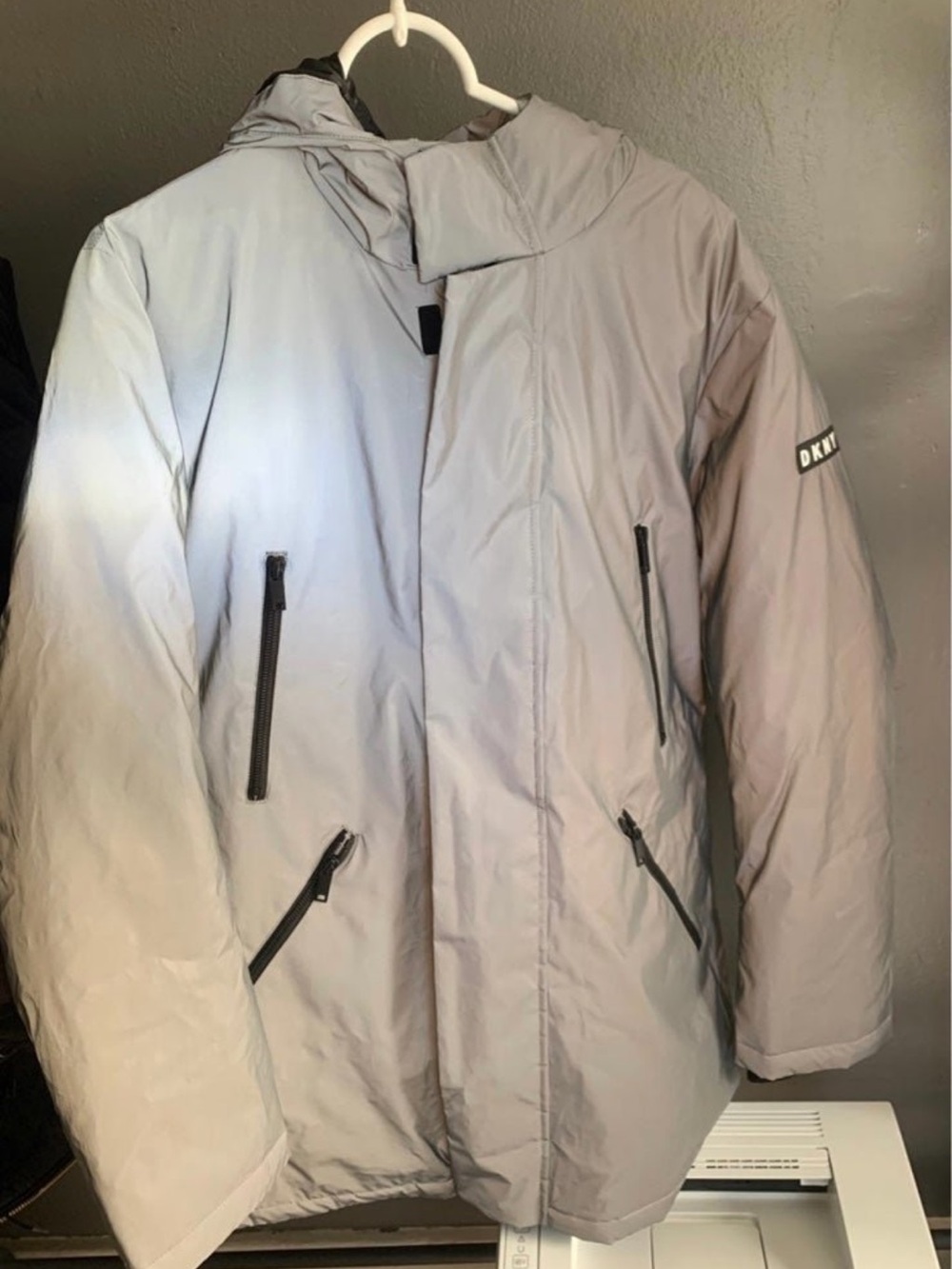 DKNY Light Gray Hooded Puffer Jacket